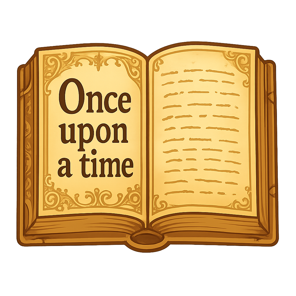Open book with 'Once upon a time' written on it